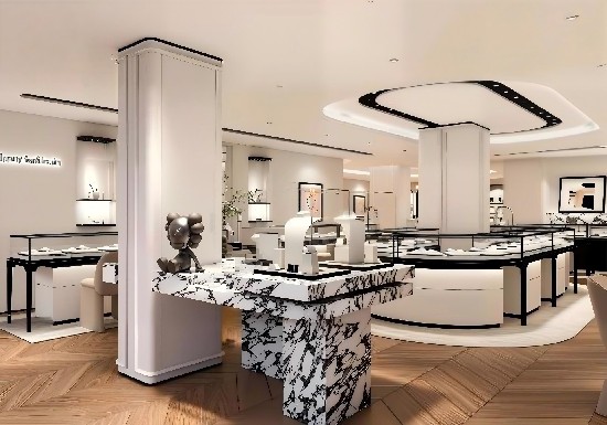 Modern Black-and-White Jewelry Boutique: Sleek Minimalism, Open Concept, and Timeless Elegance for Contemporary Luxury Retail