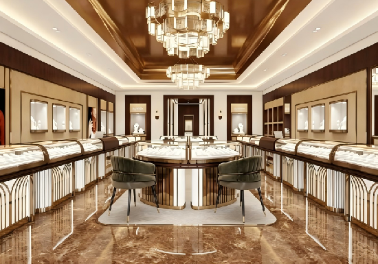 Luxe White & Bronze Jewelry Flagship: Bright, Transparent Storefront and Premium Consultation Zones for High-End Retail Success