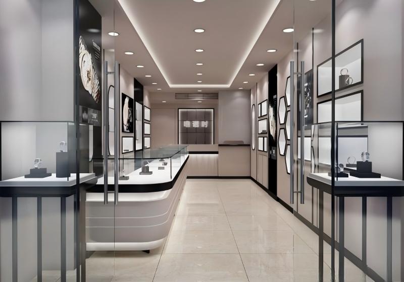 Minimalist Neutral-Toned Jewelry Display System: Sleek Stone & Wood Cabinets with Glass Cases for Contemporary Luxury Retail