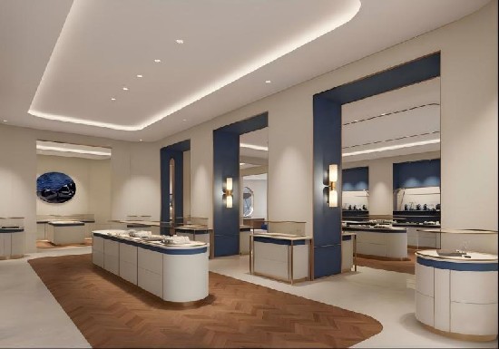 Modern White & Navy Blue Luxury Jewelry Boutique Interior Design