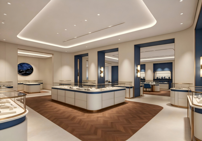 Modern White & Navy Blue Luxury Jewelry Boutique Interior Design