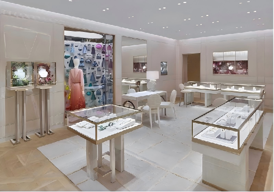 Couture-Inspired Jewelry Boutique Display System: Textured White Cabinets, Gilded Accents, and Pedestal Cases for a Luxury Retail Experience