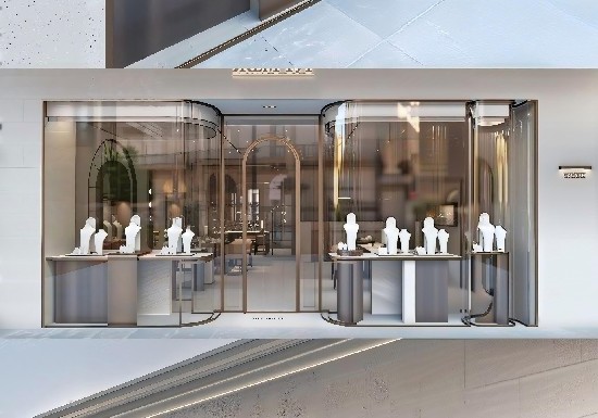 Dark & Refined Contemporary Jewelry Boutique Display System: Slimline Bronze-Framed Counters with Built-In Lighting for Sophisticated Retail Spaces