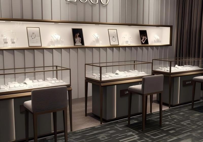 Dark & Refined Contemporary Jewelry Boutique Display System: Slimline Bronze-Framed Counters with Built-In Lighting for Sophisticated Retail Spaces