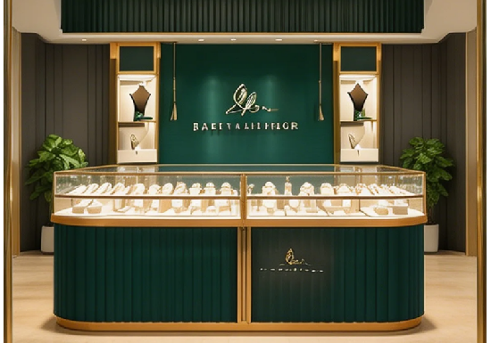 Luxury Emerald Green & Gold Jewelry Boutique Display System