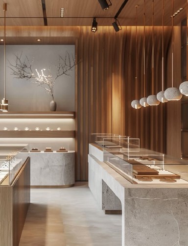 Minimalist Wood & Stone Jewelry Store Interior Design