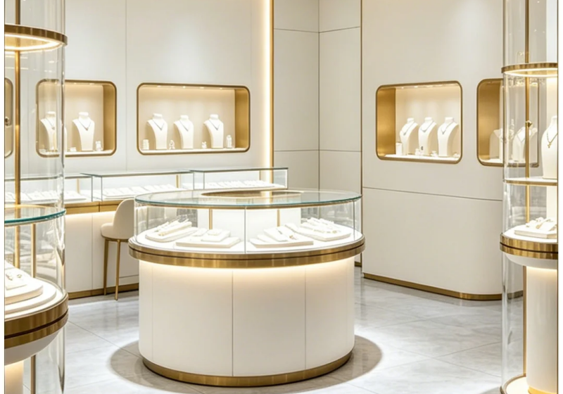 Luxury White Marble & Gold Jewelry Boutique Display System