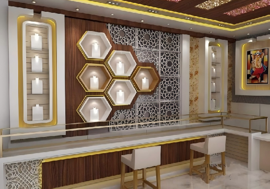 Ornate Middle Eastern-Inspired Jewelry Boutique: Hexagonal Wall Niches & Geometric Screens for Cultural Luxury Retail