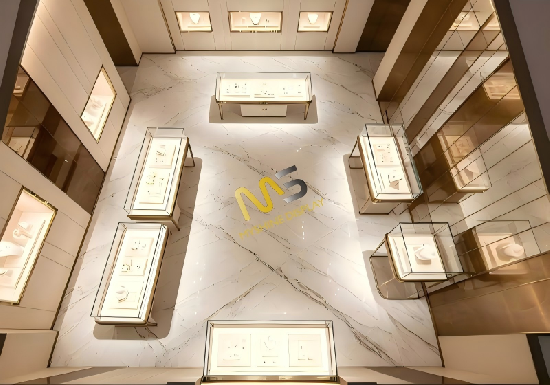 Marble & Gold Luxury Jewelry Flagship: Sleek Minimalist Displays with Curated Lighting for High-End Retail Elegance