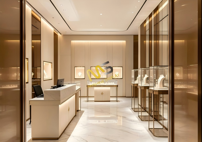 Marble & Gold Luxury Jewelry Flagship: Sleek Minimalist Displays with Curated Lighting for High-End Retail Elegance