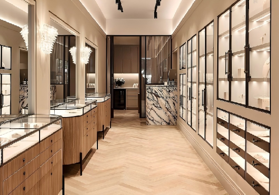 Warm Oak & Black-Framed Jewelry Boutique: Cabinet-Style Displays and Marble Accents for a Cozy, Refined Retail Vibe