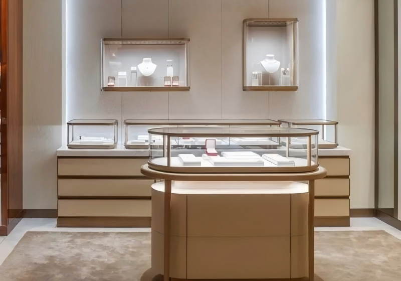 Warm Oak & Black-Framed Jewelry Boutique: Cabinet-Style Displays and Marble Accents for a Cozy, Refined Retail Vibe