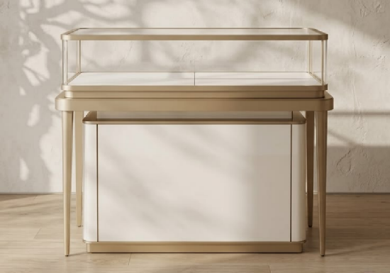 Cream & Brushed Gold Single Jewelry Display Cabinet: Timeless Silhouette with Dual Finishes for Boutique Luxury Retail