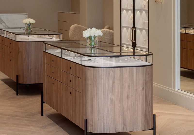 Curved Walnut Jewelry Display Counters | Premium Boutique Showcase