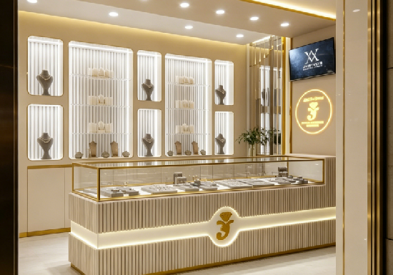 Warm Beige & Gold Fluted Jewelry Boutique: Modern Illuminated Displays for Bright, Inviting Luxury Retail