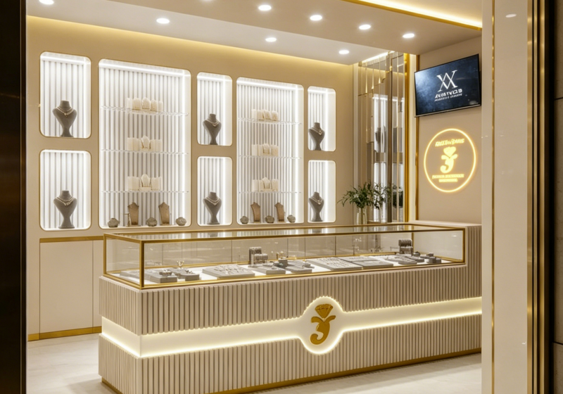 Warm Beige & Gold Fluted Jewelry Boutique: Modern Illuminated Displays for Bright, Inviting Luxury Retail