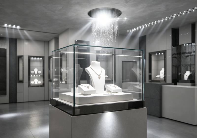 Sleek Neutral-Tone Jewelry Display Cabinets
