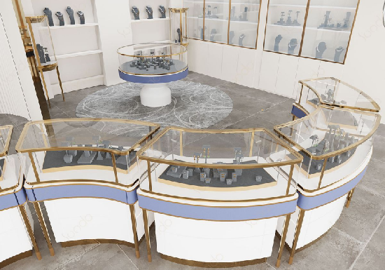 Elegant Curved Jewelry Showcase Collection with Soft Blue & Gold Accents