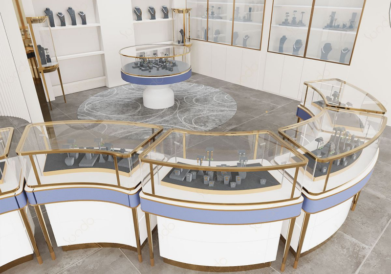 Elegant Curved Jewelry Showcase Collection with Soft Blue & Gold Accents
