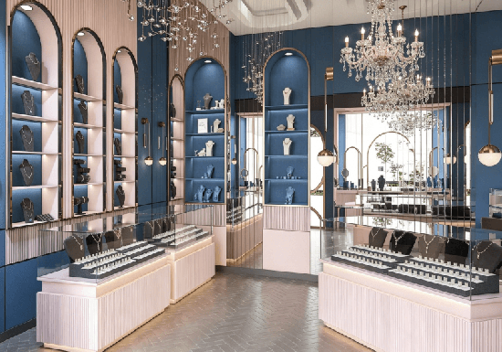 Modern Fluted Base Jewelry Counters with Arched Wall Cases