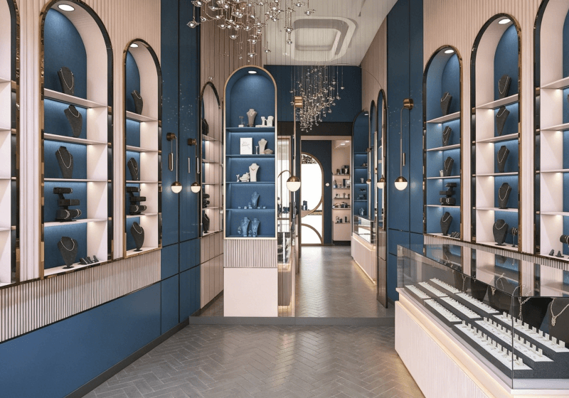 Modern Fluted Base Jewelry Counters with Arched Wall Cases