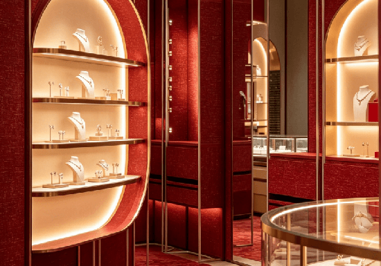 Custom Luxury Red Fabric Lined Jewelry Counters & Wall Cases