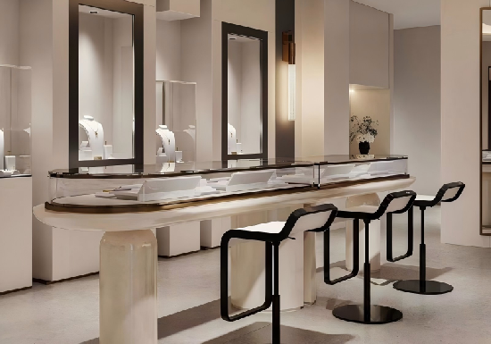 Curved Marble & Onyx Jewelry Consultation Counter: Modern Minimalist Display with Integrated Seating for High-End Boutiques
