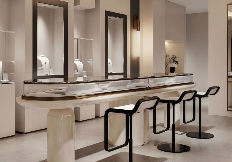 Curved Marble & Onyx Jewelry Consultation Counter: Modern Minimalist Display with Integrated Seating for High-End Boutiques