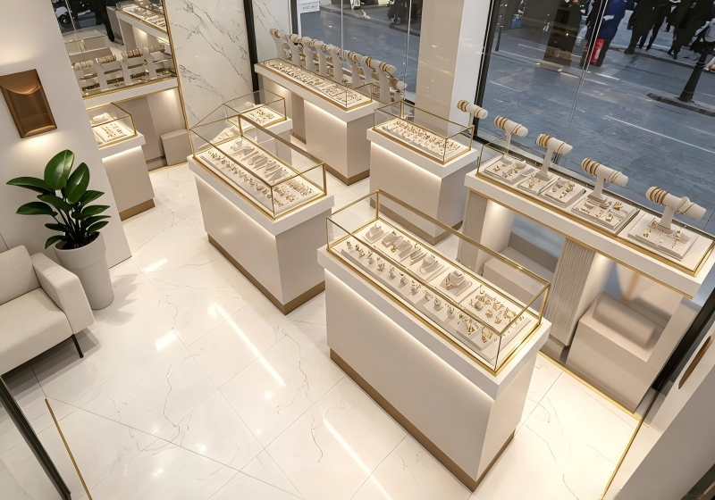 Bright & Airy Marble-Finish Jewelry Boutique: Modular Gold-Trimmed Display System for High Street Retail