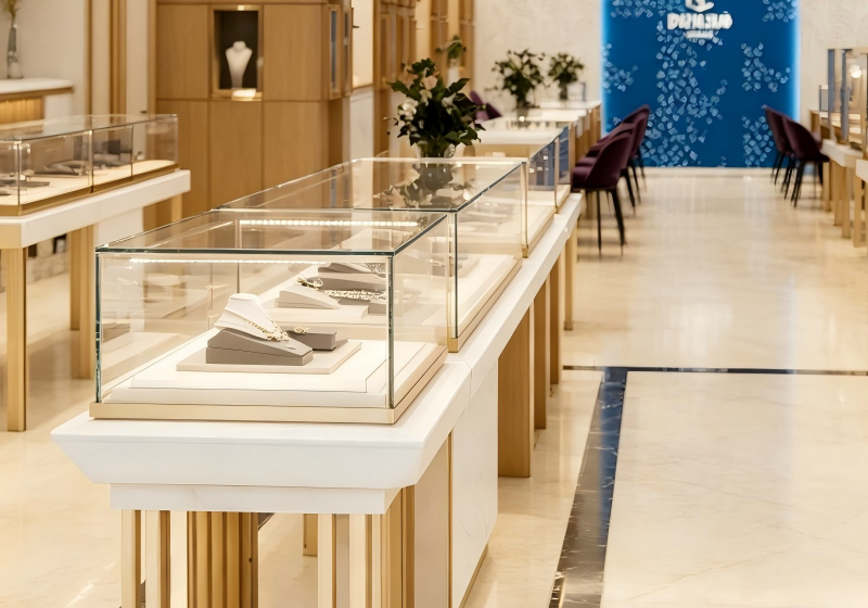 Grand Chandelier-Focused Jewelry Boutique: Luxurious Marble & Wood Display System for Flagship Stores