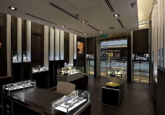 Sleek Dark-Toned Watch Boutique: Modern Glass Display System for High-End Mall Retail