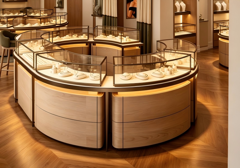 Curved Light Oak & Glass Jewelry Boutique: Art Deco-Inspired Luxury with Warm, Inviting Lighting