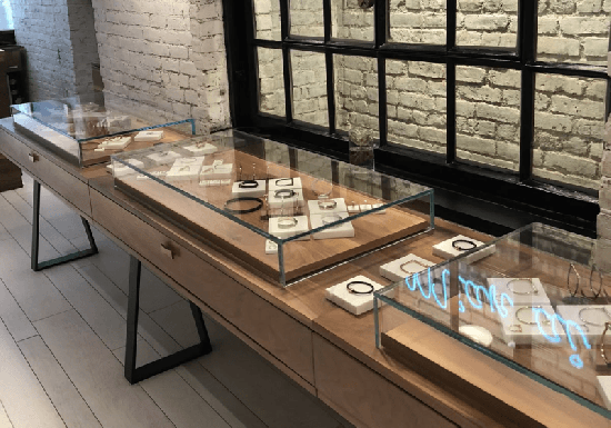 Rustic Wood & Black Metal Jewelry Display Tables with Drawers