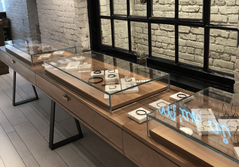 Rustic Wood & Black Metal Jewelry Display Tables with Drawers