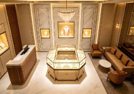 Hexagonal Luxury Jewelry Showcase with Premium Retail Interior