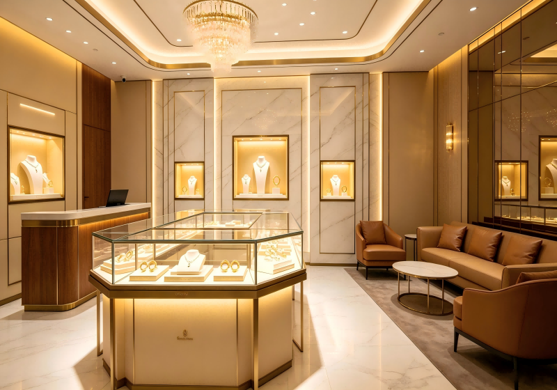 Hexagonal Luxury Jewelry Showcase with Premium Retail Interior