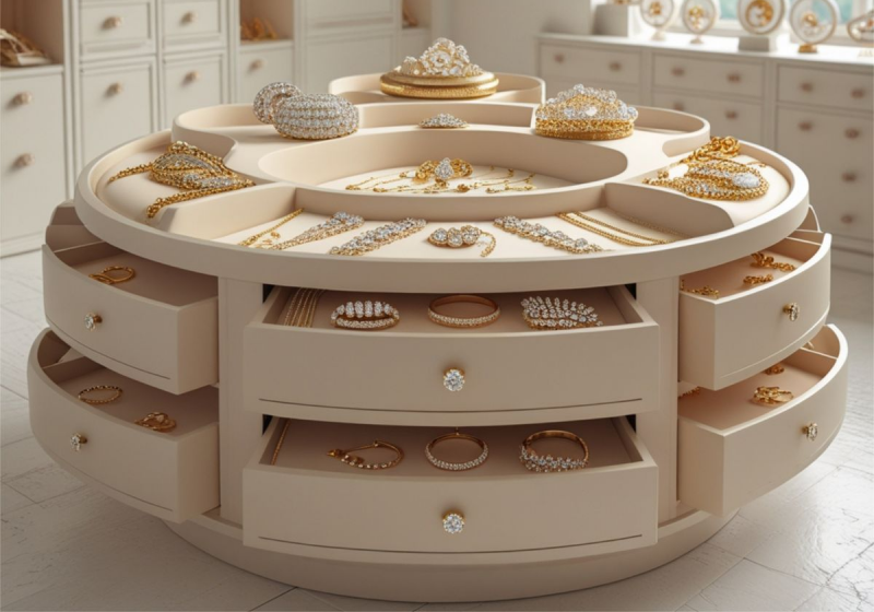 Round Multi-Compartment Jewelry Display Table with Drawers