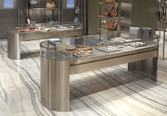 Brushed Stainless Steel Curved Glass Jewelry Display Counter