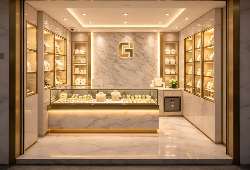 Marble Gold Jewelry Retail Space & Display Solution