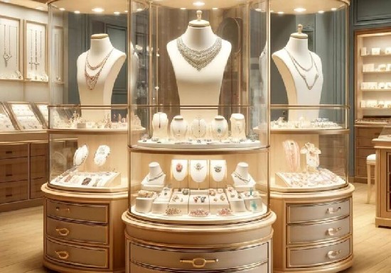 Round Glass Cylinder Jewelry Display Tower with Gold Trim