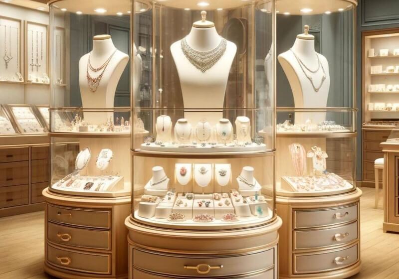 Round Glass Cylinder Jewelry Display Tower with Gold Trim
