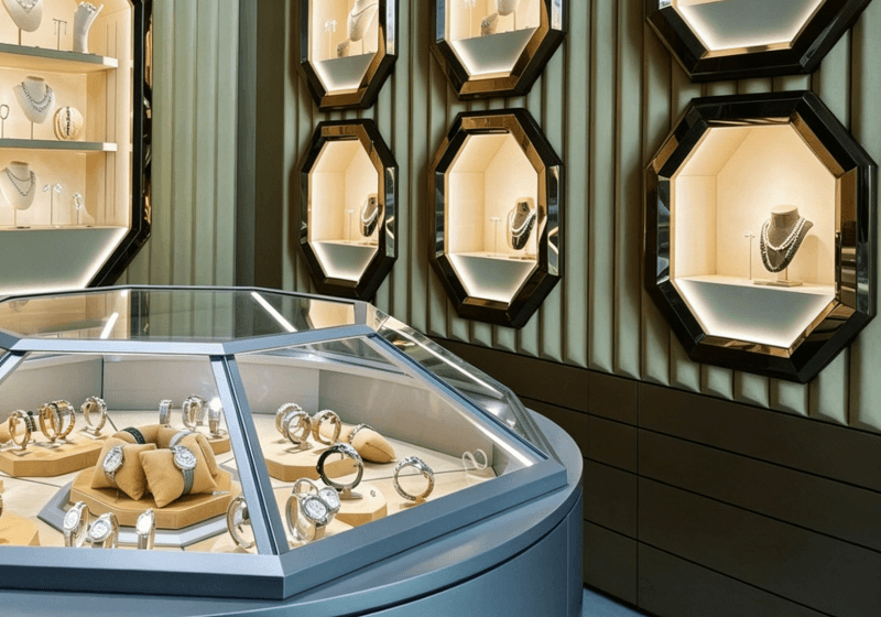 Octagonal Glass Dome Jewelry Display Counter with LED Lighting
