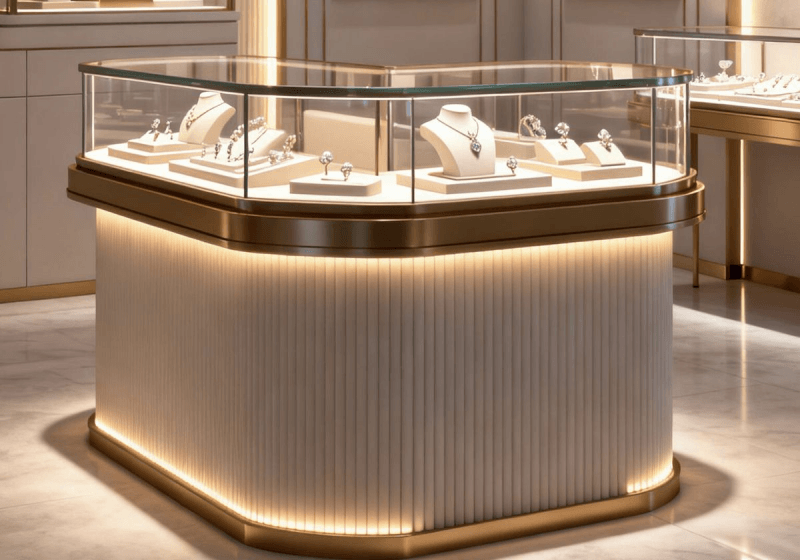 Curved Fluted Base Gold Trim Jewelry Display Counter with LED Lighting