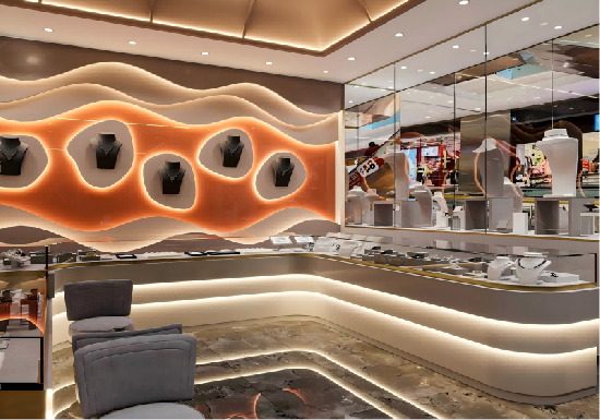 Modern Curved Luxury Jewelry Display Showcase | Full Boutique Interior Solution