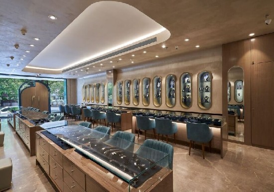 Wooden Glass Jewelry Counter with Oval Recessed Wall Display Niche