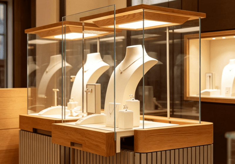 Pull Out Tray Fluted Wood Jewelry Display Case with Top LED