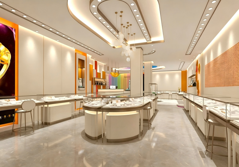 Warm Modern Playful Luxury Jewelry Display Cabinet | Full Store Interior Solution