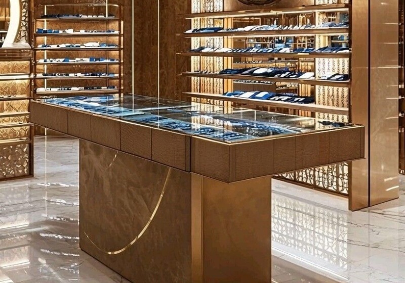 Gold Marble Base Textured Leather Glass Jewelry Display Counter