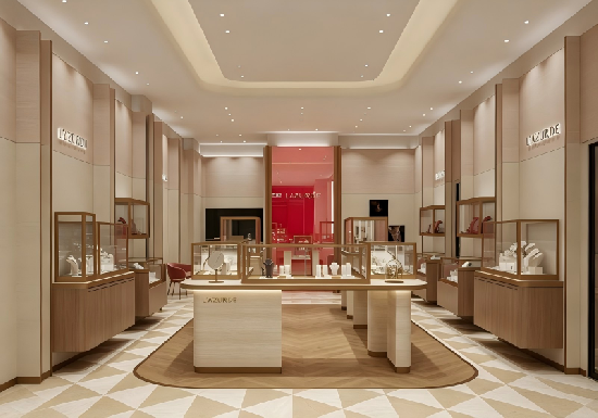 Symmetrical Luxury Jewelry Flagship: Light Wood & Marble Display System with Branded Accents
