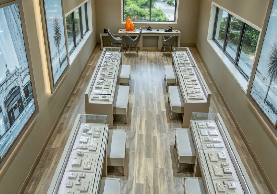 Bright Open-Concept Jewelry Boutique: Linear Display Layout with Integrated Seating
